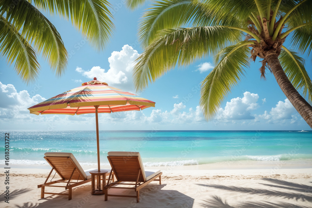 Obraz premium Summer Sale Banner - Tropical Beach with Lounge Chairs and Palm Trees for June Travel Deals, Vacation Discounts, and May Holiday Promotions