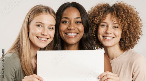 A hyper-realistic portrait of three women - a fair-skinned blonde with blue eyes, a dark-skinned brunette with curly hair and dark eyes, and a red-haired girl with curly hair, green eyes and freckles 