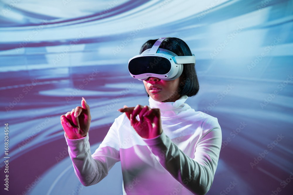 custom made wallpaper toronto digitalLatin woman engaging with virtual reality technology