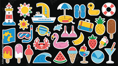 A vibrant collection of summer-themed stickers for vacation and travel.