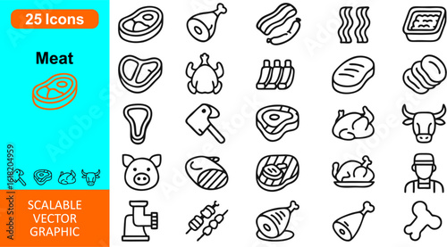 Meat Vector Icon Set – Flat and Line Icons of Beef, Chicken, Pork, Sausage, Steak, Butcher Tools, Grilled Meat, BBQ, Raw Cuts, Meat Shop, and Protein Food for Web & Print

