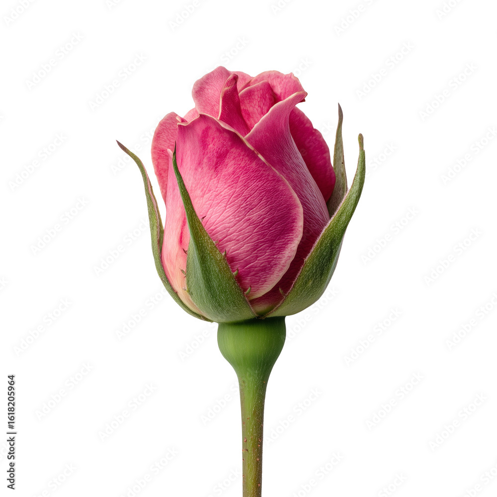 Fototapeta premium A beautiful single pink rosebud with delicate petals beginning to unfurl, isolated on a clean white background.