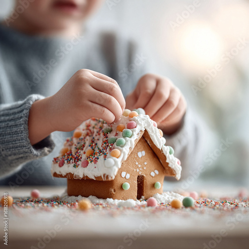 Childs hands decorating a gingerbread house. A sweet holiday scene, evoking warmth, creativity and family traditions. Perfect for holiday marketing and family content.
