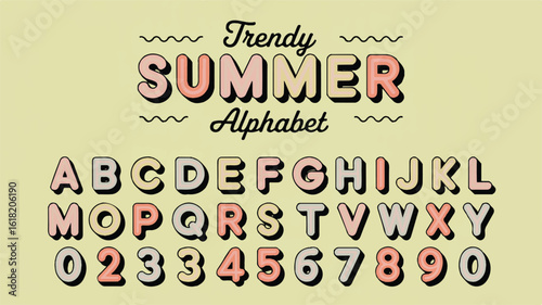 A retro-style poster design showcasing a trendy summer alphabet with a 3D vintage effect