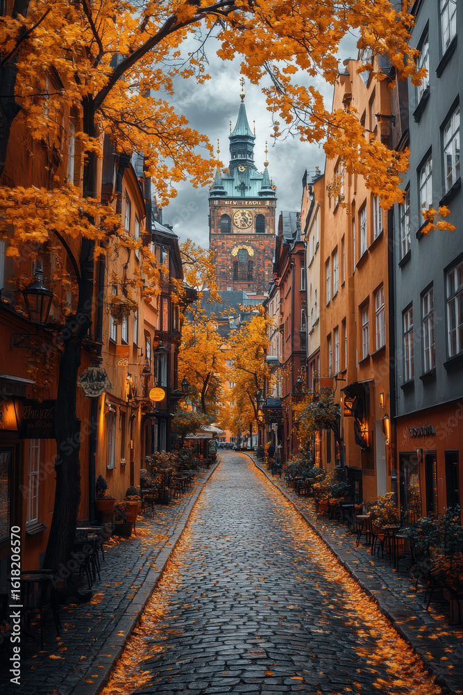 Fototapeta premium Clock tower towering over cobblestone street.
