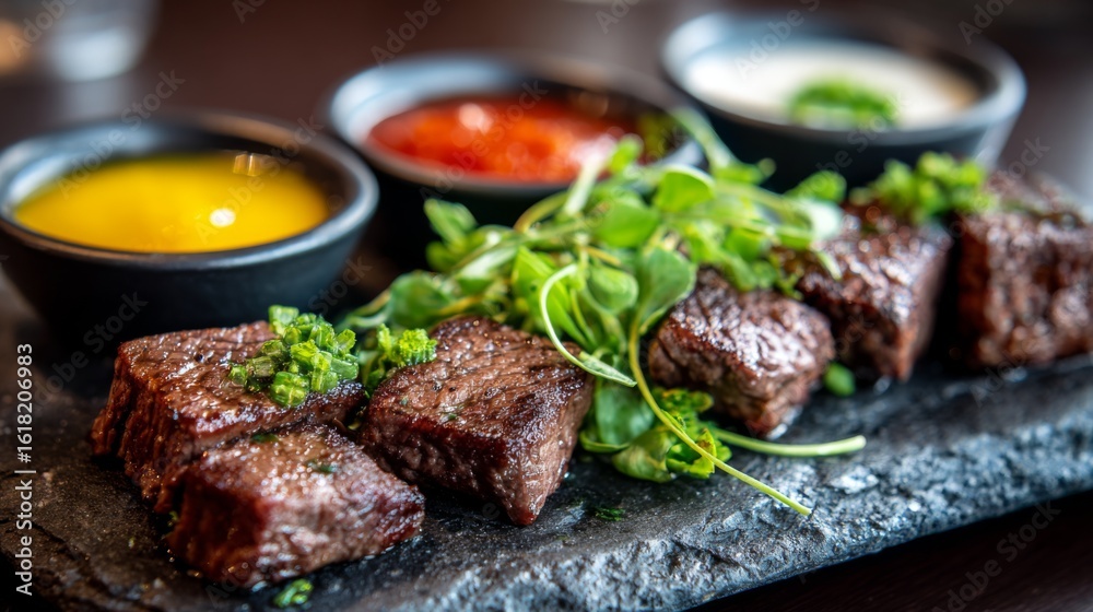 A close-up of steak strips on a black stone plate, served with dipping sauces in small bowls, with a garnish of fresh herbs and a minimalist background. A close-up of steak strips on a black stone plate, served with dipping sauces in small bowls, with a garnish of fresh herbs and a minimalist background.