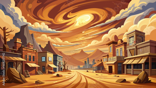 In this dusty old west town faces fierce sandstorm under dramatic sky, blurred edges and warm tones evoke tension. Semi-realistic details show history clashing with nature’s untamed force and beauty.