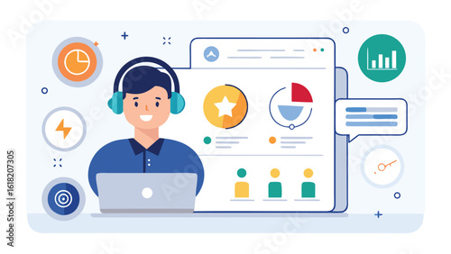 Young man wearing headphones works on a laptop surrounded by business analytics and data visualization icons