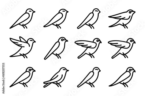 Stylized Birds in Flight: A minimalist illustration showcases a collection of bird outlines in various poses and movements.