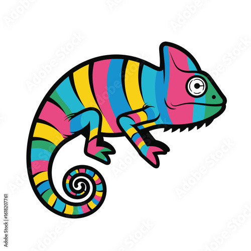 A vibrant cartoon chameleon with bold vertical stripes of pink, blue, and yellow.