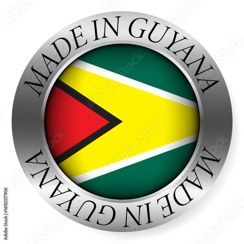 Made in Guyana button icon. Circular emblem with metallic border, glossy central flag, and bilingual label indicating product origin and international manufacturing identity.