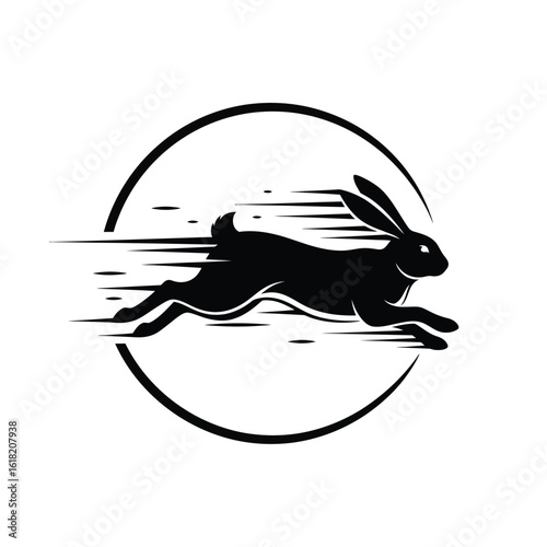A stylized black rabbit silhouette running at high speed, with motion lines indicating its swift movement within a circular frame.