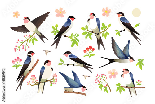 Spring Serenade: A collection of delightful illustrations of swallows in various poses amid blossoming branches, capturing the essence of spring's arrival and the joyful melodies of nature.