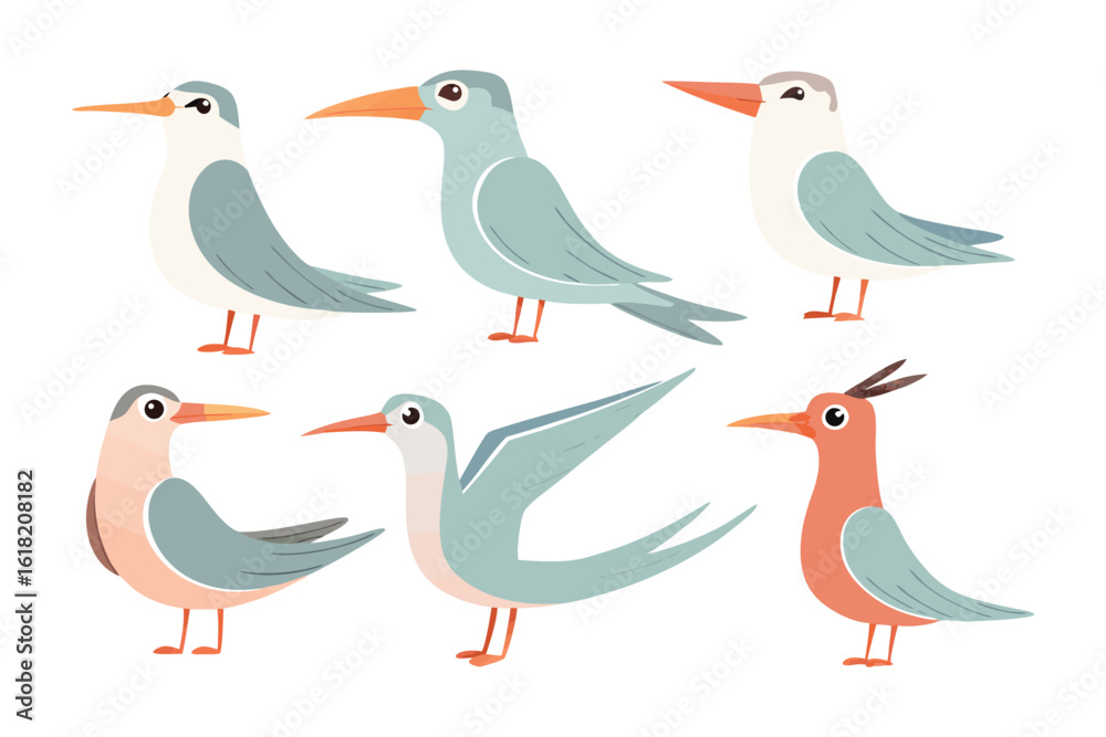 Fototapeta premium Coastal Birds in Flight: A collection of various stylized coastal birds captured in mid-flight and poised, adding to the beauty of a natural seaside scene.