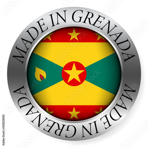 Made in Grenada button icon. Circular emblem with metallic border, glossy central flag, and bilingual label indicating product origin and international manufacturing identity.