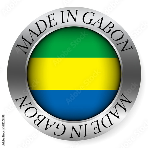 Made in Gabon button icon. Circular emblem with metallic border, glossy central flag, and bilingual label indicating product origin and international manufacturing identity.