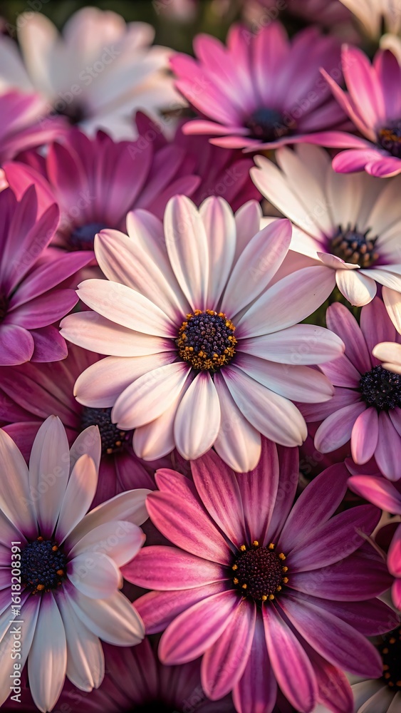 Obraz premium Close up of vibrant pink and white daisy flowers in bloom