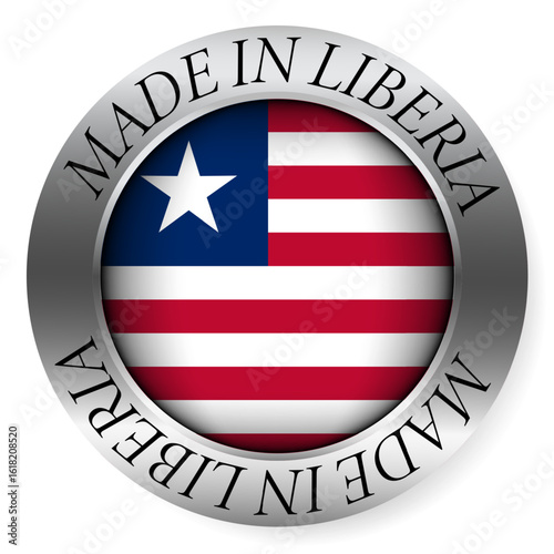 Made in Liberia button icon. Circular emblem with metallic border, glossy central flag, and bilingual label indicating product origin and international manufacturing identity.