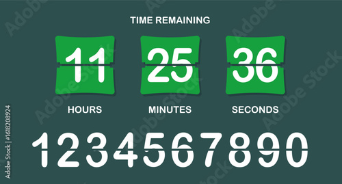 Countdown timer icon. Flip-style numeric display showing days, hours, minutes, seconds with brown background, bold split numbers, and a clear time-remaining header in white text.