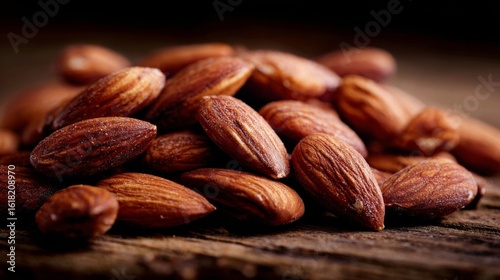 A close-up shot of raw almonds scattered on a wooden surface, highlighting their natural textures and rich brown color with soft lighting