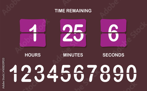 Countdown timer icon. Flip-style numeric display showing days, hours, minutes, seconds with brown background, bold split numbers, and a clear time-remaining header in white text.