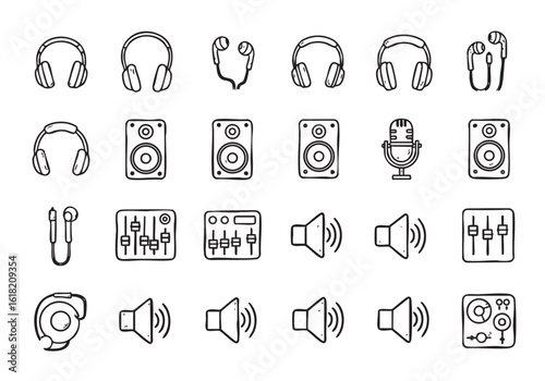 Hand Drawn Music and Audio Equipment Icons Vector Collection Set for Creative Projects and Designs