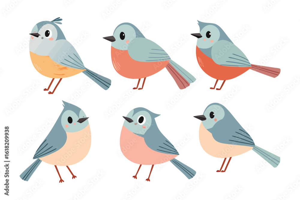 Fototapeta premium A Collection of Little Birds: A colorful group of tiny birds, each with its own unique personality, comes together in a lively and lighthearted scene. The charming illustrations evoke feelings of joy.