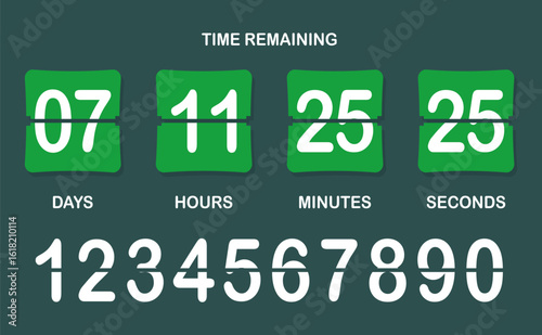 Countdown timer icon. Flip-style numeric display showing days, hours, minutes, seconds with brown background, bold split numbers, and a clear time-remaining header in white text.