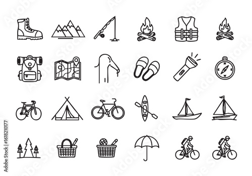 Set of linear icons representing outdoor adventure camping and travel activities with equipment and transportation options for recreation