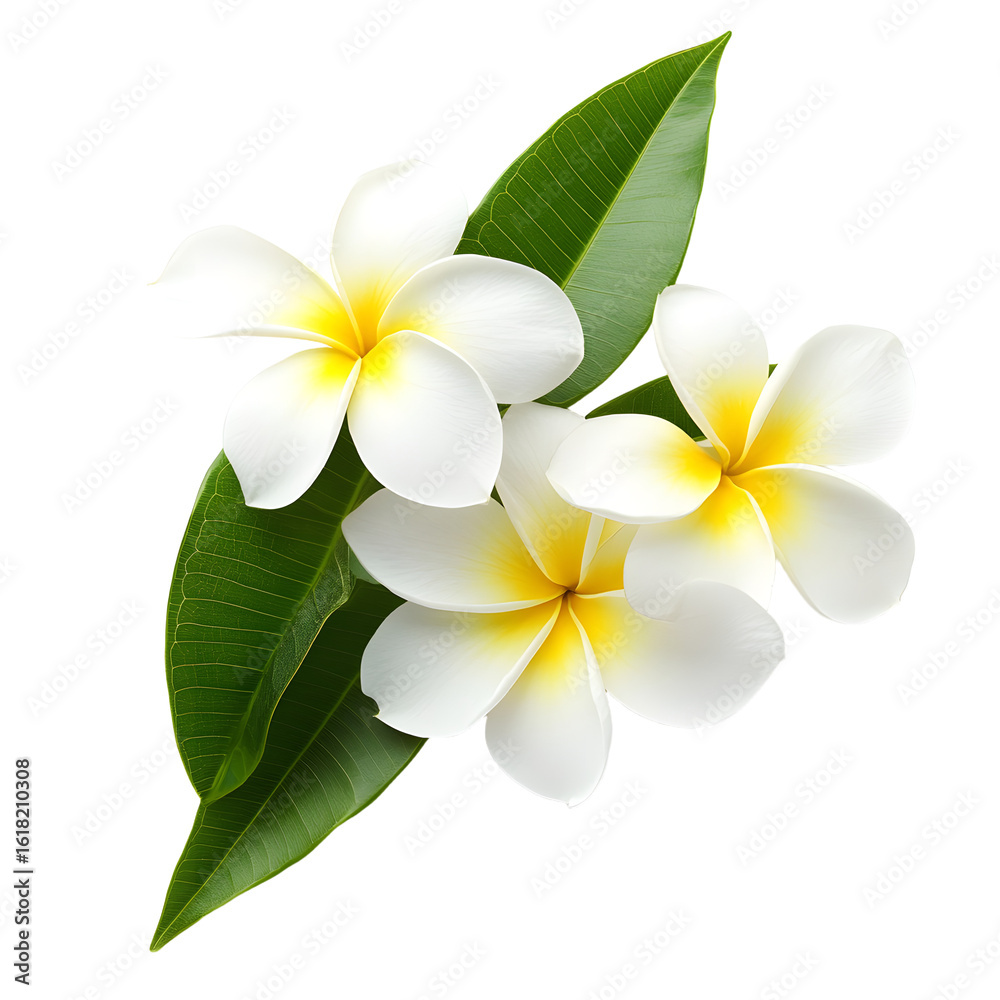 Naklejka premium Three Frangipani Flowers Cluster with Green Leaves on White Background