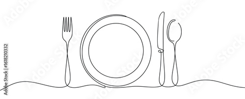 continuous single line drawing of minimalist dining table setting with plate, fork, knife, and spoon, symbolizing food, etiquette, and simplicity