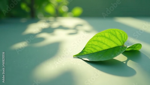 Single leaf shadow, dappled sunlight on tranquil surface, photography, decor