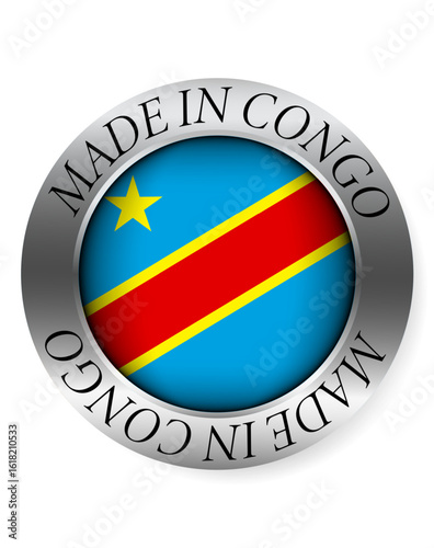 Made in Congo button icon. Circular emblem with metallic border, glossy central flag, and bilingual label indicating product origin and international manufacturing identity.