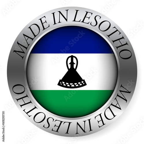 Made in Lesotho button icon. Circular emblem with metallic border, glossy central flag, and bilingual label indicating product origin and international manufacturing identity.