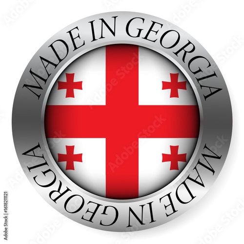 Made in Georgia button icon. Circular emblem with metallic border, glossy central flag, and bilingual label indicating product origin and international manufacturing identity.