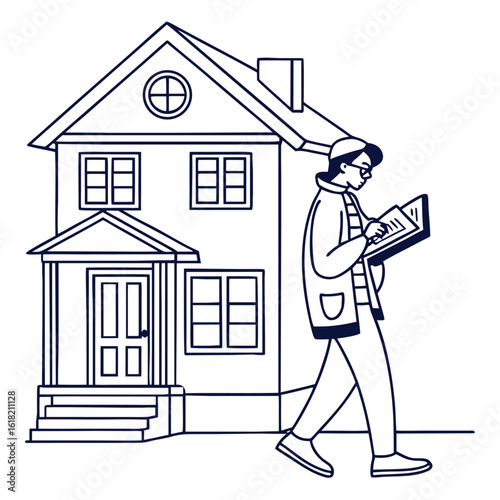 Real estate property reading buyer in outline icon
