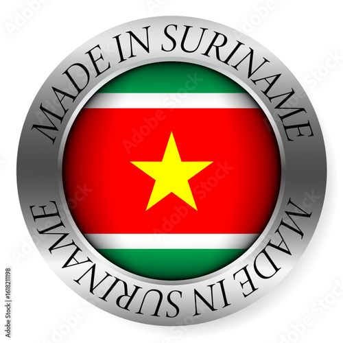 Made in Suriname button icon. Circular emblem with metallic border, glossy central flag, and bilingual label indicating product origin and international manufacturing identity.
