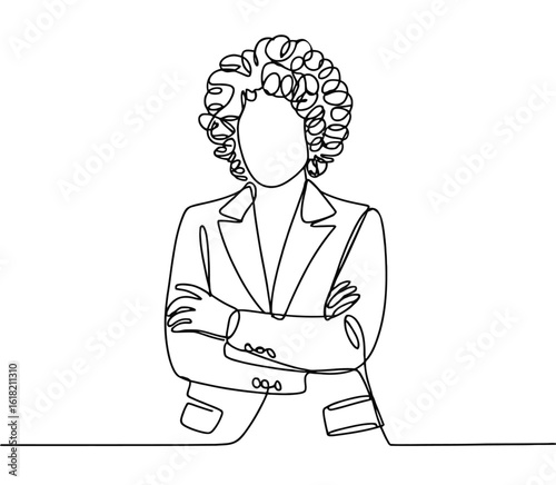 continuous single line drawing of confident person in suit with crossed arms and curly hair behind desk line, symbolizing leadership and strength