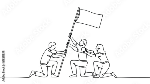 continuous single line drawing of three people raising a flag together in minimal black style, symbolizing unity, teamwork, and achievement