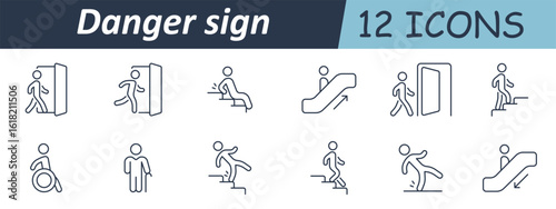 Danger sign set icon. Line icons depict stick figures encountering hazards on stairs, escalators, edges, doors, and accessibility-related warning situations in public spaces