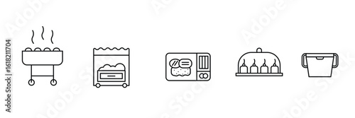 Barbecue, grill, food basket, meal box, covered drinks, cooler, summer party picnic vector icon illustration for leisure