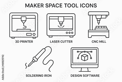 Maker Space Tools Icons Set. DIY, Fabrication and Creative Workshop Vector Collection