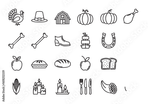 Thanksgiving and Pioneer Icons Set in Black and White Line Art Style Representing Harvest Celebration and Historical Symbols