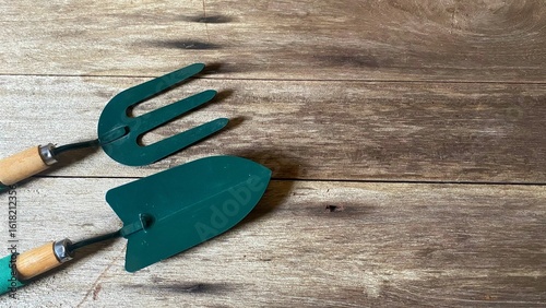 Essential gardening implements presented simply on a textured wood surface, ideal for themes related to planting, nature, or outdoor hobbies.