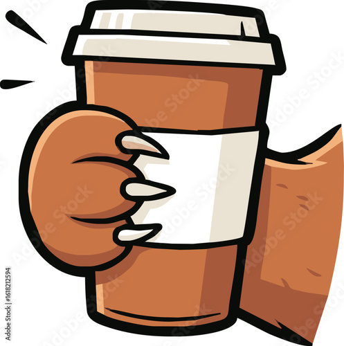 A cartoon bear paw with sharp claws tightly grips a disposable coffee cup.