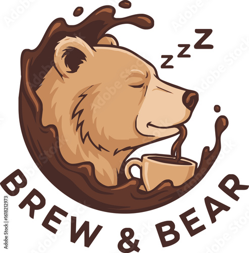 A cartoon bear enjoys a cup of coffee, surrounded by a coffee splash, sleeping.