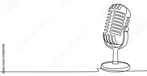 continuous single line drawing of retro microphone with cylindrical grille on round base, symbolizing music, voice, radio, and artistic sound