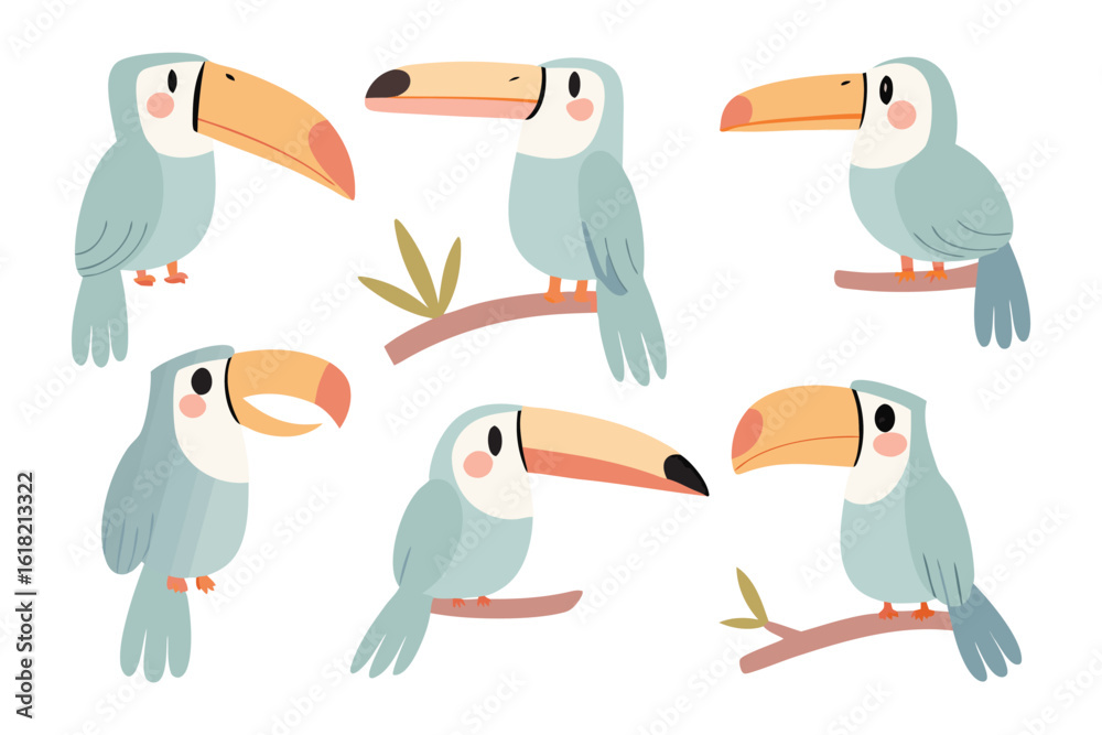 Obraz premium Exotic Toucans: A collection of cheerful toucans perched on branches and ready to add a touch of tropical joy to your designs.