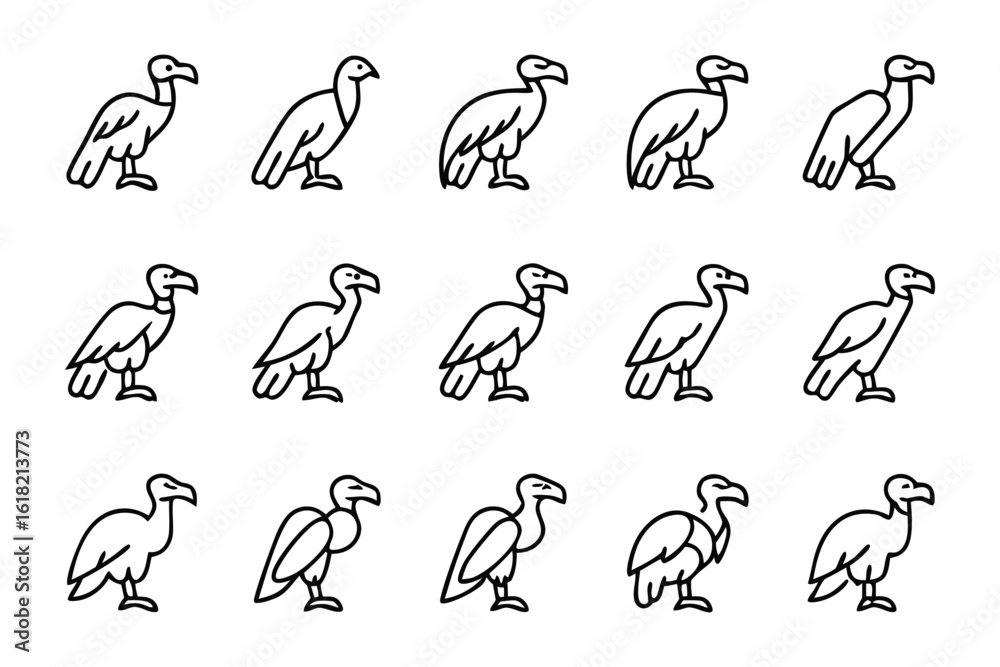 Fototapeta premium Monochromatic Vultures in Order: A structured arrangement of minimalist line art vultures, presenting a stylized illustration of these impressive scavengers in a clean and concise design.