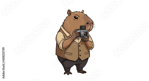 Charming illustration of a capybara photographer character. This dapper, anthropomorphic rodent wears a vest and holds a camera.